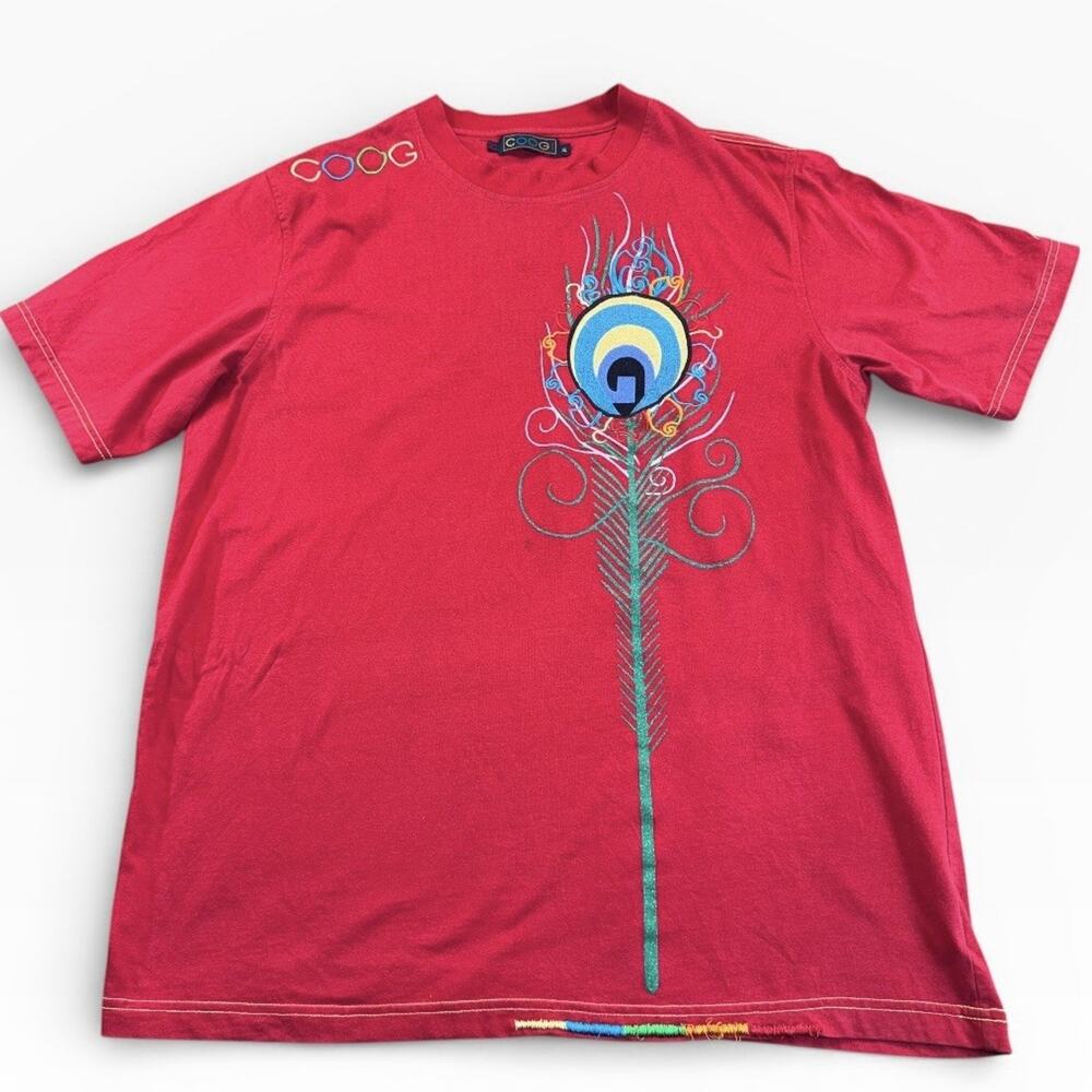 Coogi XL Red Peacock Feather Graphic Embroidered Multicolor Trim